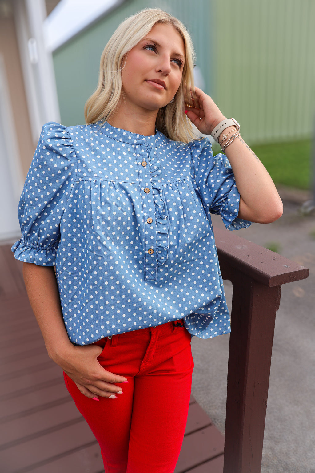Polka Dot Ruffled Top - Light Denim