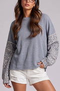 Contrast Print Sleeve Thermal Top: DENIM