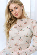 MEDIUM/ MOCK NECK DUCK PRINT MESH TOP: Beige Multi