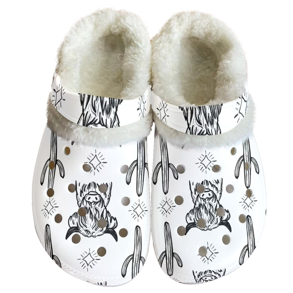 White & Black Highland Cow Fleece Clogs | PREORDER