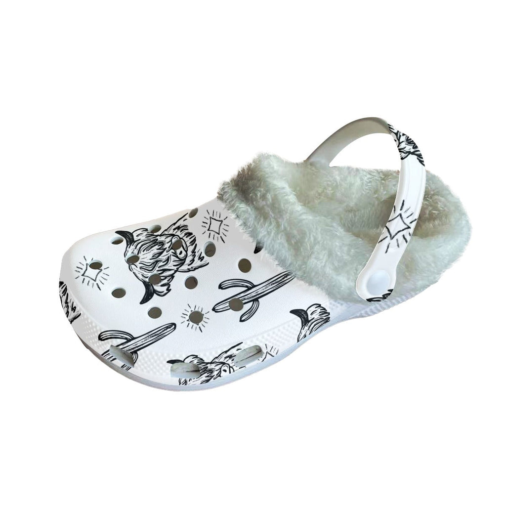 White & Black Highland Cow Fleece Clogs | PREORDER