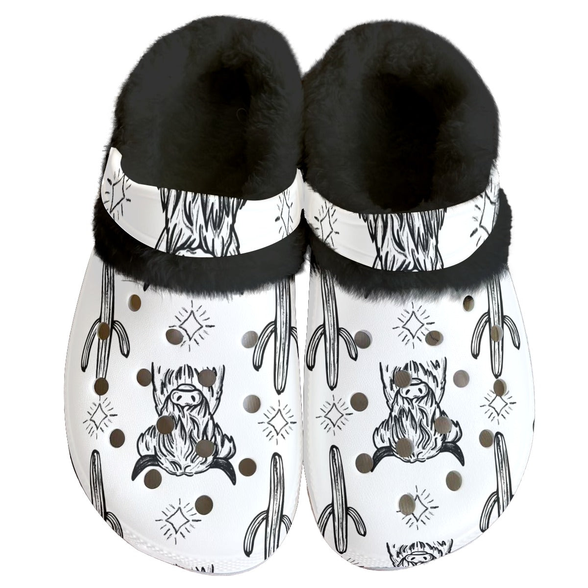 White & Black Highland Cow Fleece Clogs | PREORDER