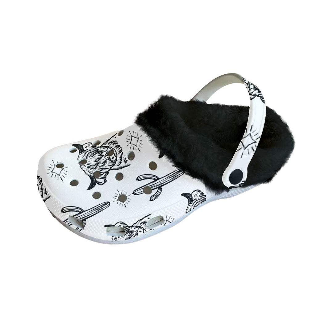 White & Black Highland Cow Fleece Clogs | PREORDER