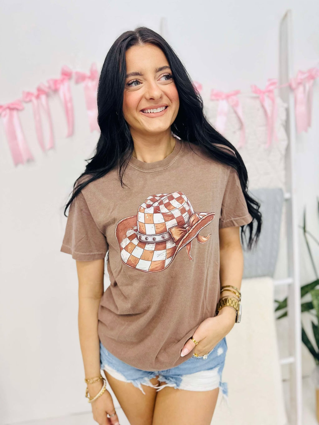 Checkered Cowboy Hat With Bow DTF Tee