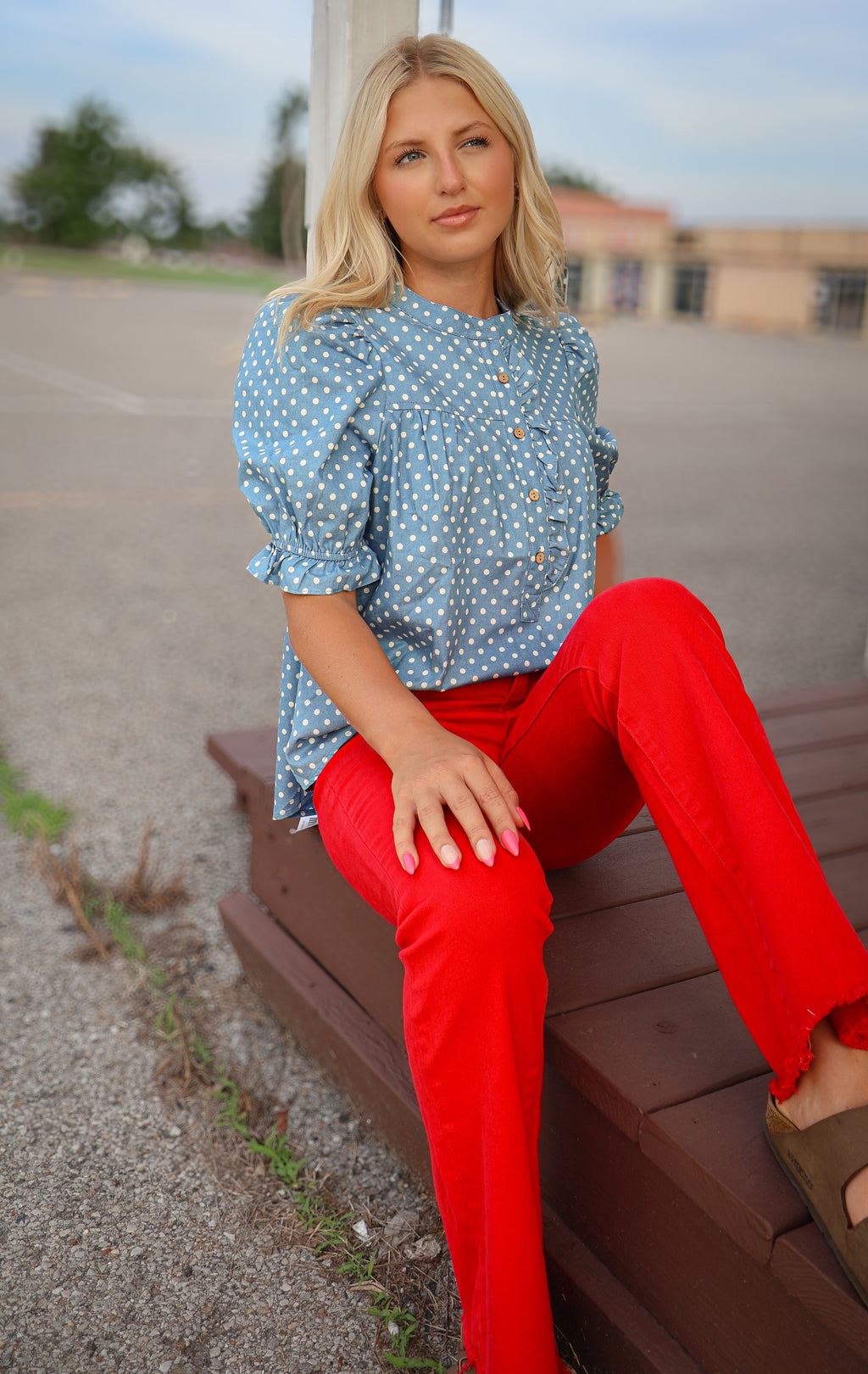 Polka Dot Ruffled Top - Light Denim