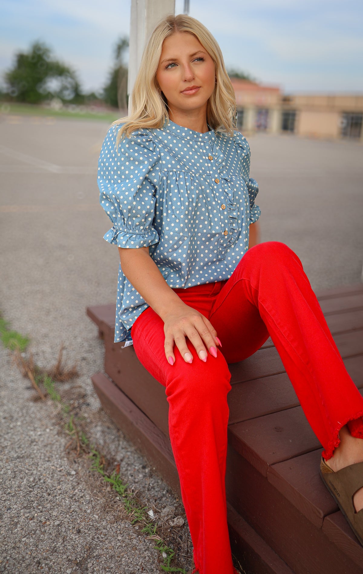 Polka Dot Ruffled Top - Light Denim