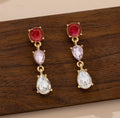 Ruby & Amethyst Teardrop Dangle Earrings - Gold