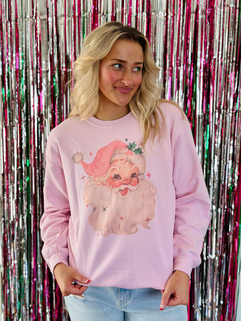Retro Vintage Pink Hat Santa Sweatshirt
