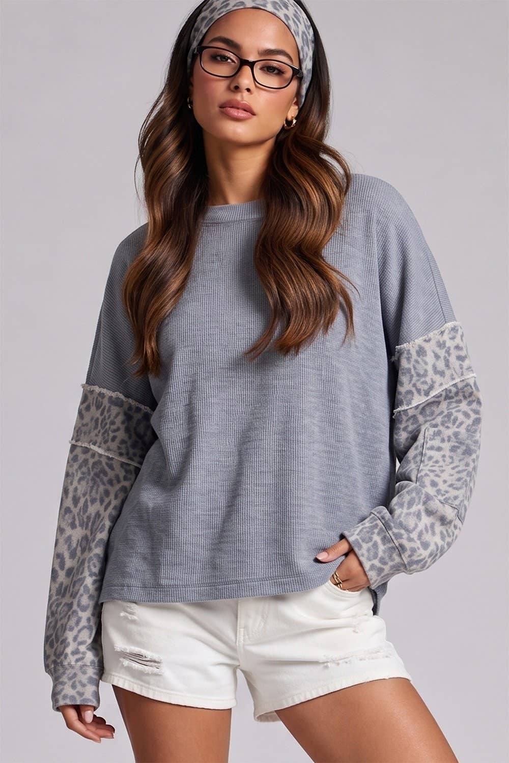 Contrast Print Sleeve Thermal Top: DENIM