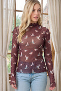 MOCK NECK DUCK PRINT MESH TOP: Brown Multi / L