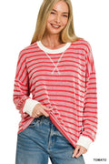 Raised Rib Striped Round Neck Pullover-RED