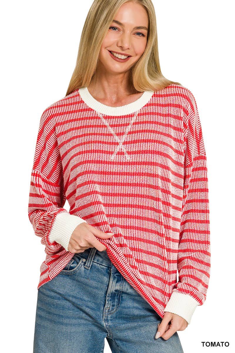 Raised Rib Striped Round Neck Pullover-RED