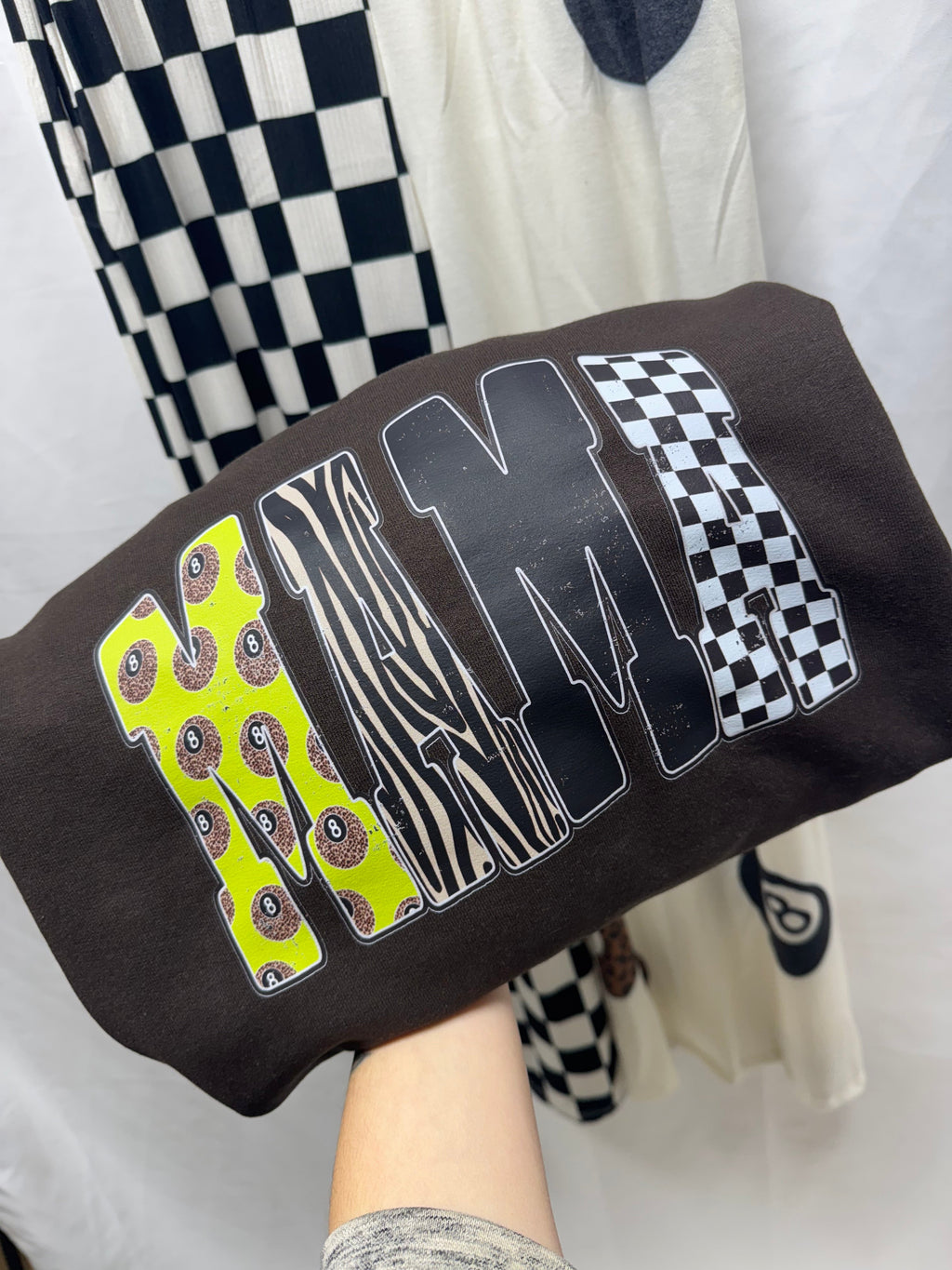 Lime Green Leopard 8 Ball Mama – Dark Chocolate Crewneck product image 2