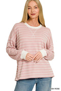 Raised Rib Striped Round Neck Pullover: ASH ROSE