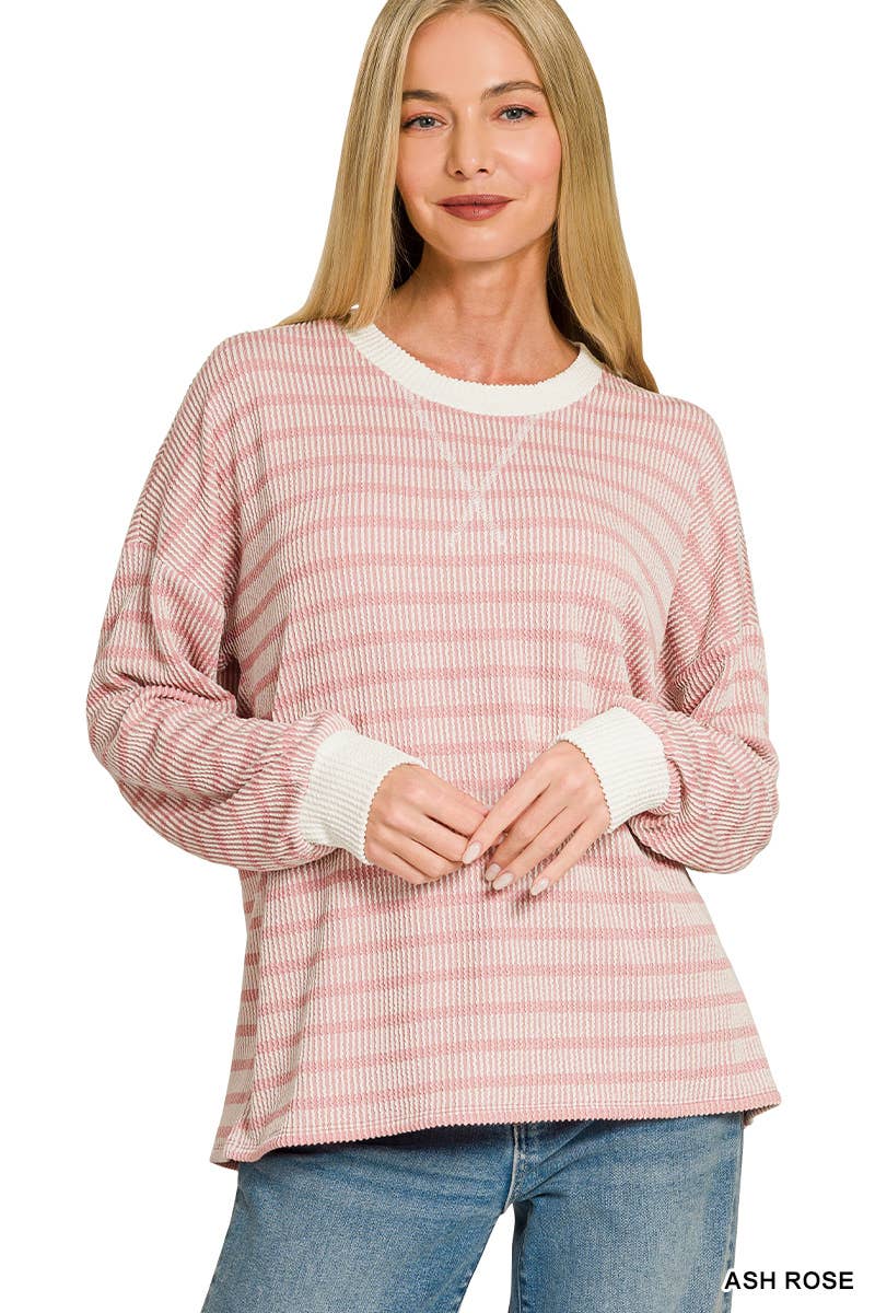 Raised Rib Striped Round Neck Pullover: ASH ROSE
