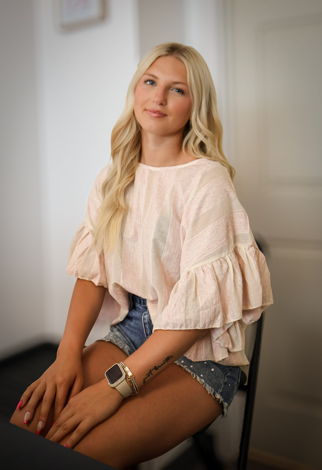 Wild Ruffle Embellished Sleeve Flowy Striped Top