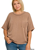 Plus-Raised Rib Short Sleeve Front Pocket Top-Brown