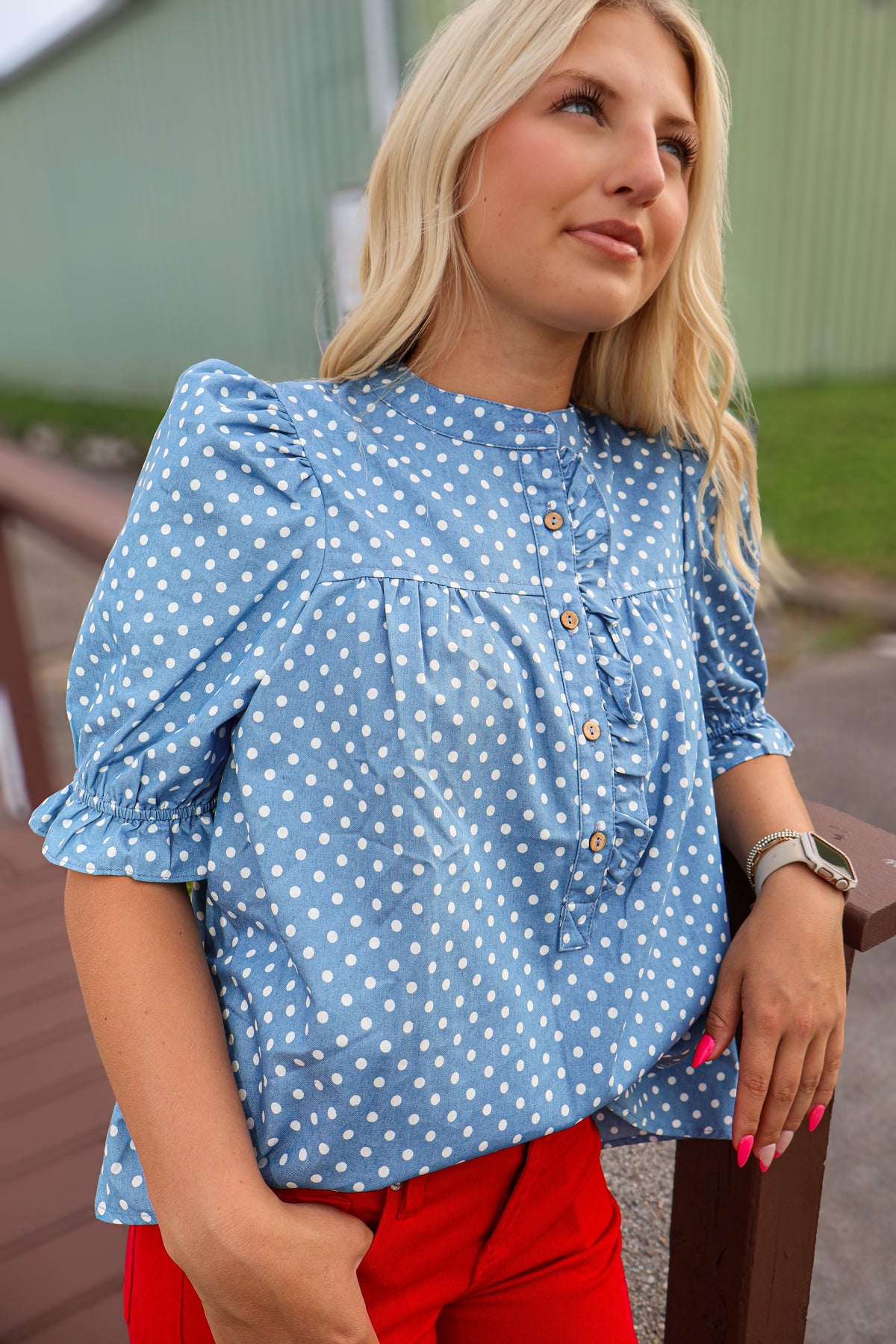 Polka Dot Ruffled Top - Light Denim