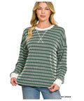 Raised Rib Striped Round Neck Pullover-Hunter Green