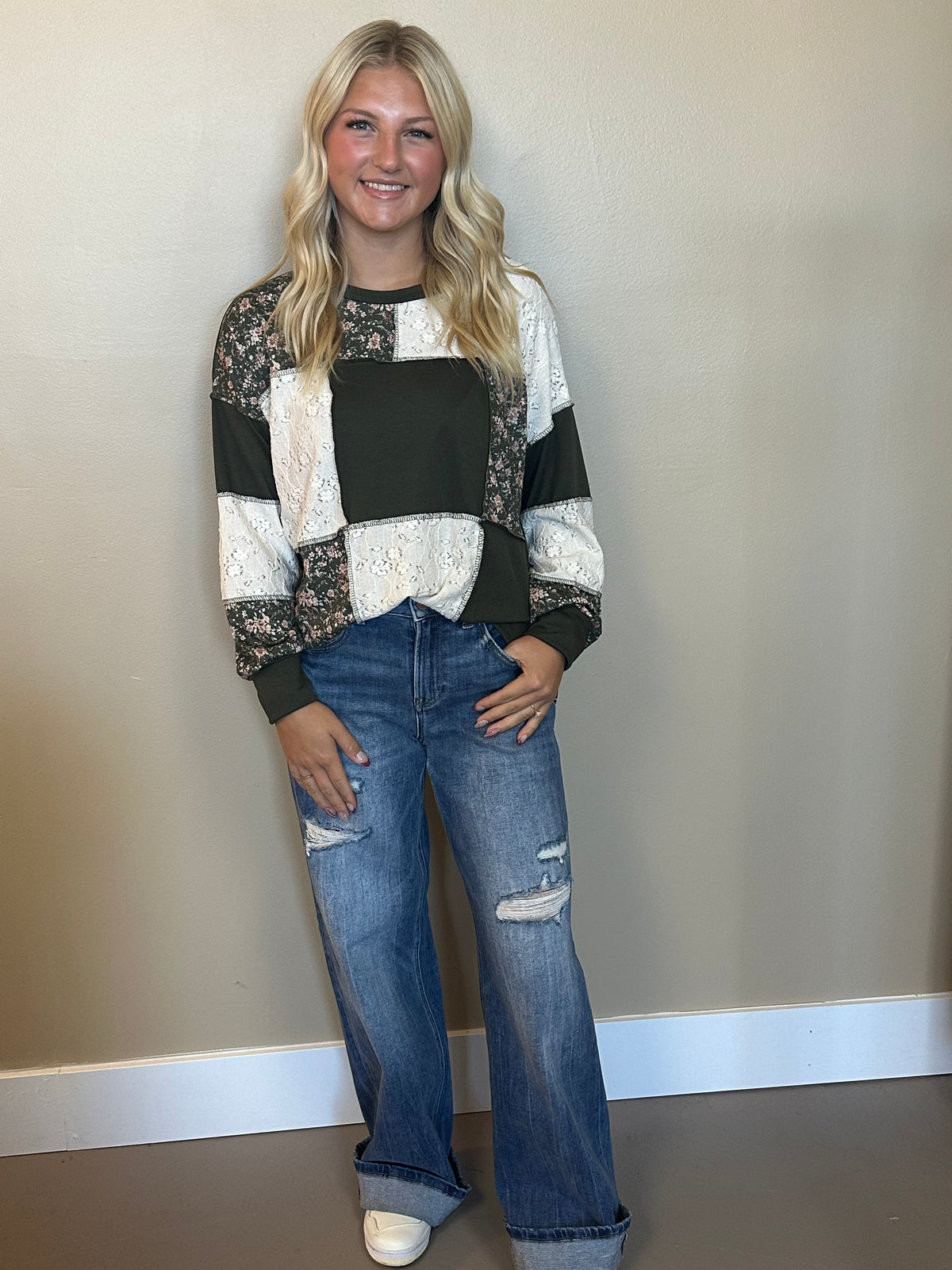 Olive Floral & Lace Patchwork Color Block Top