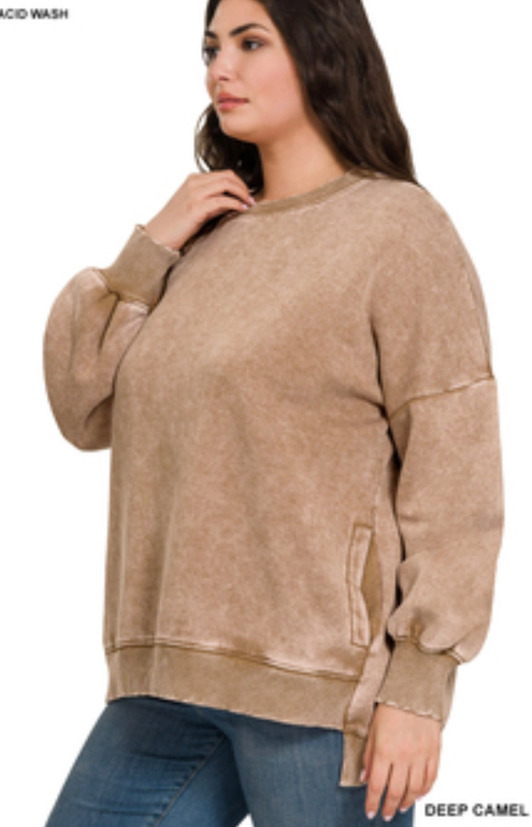 PLUS/ DEEP CAMEL ACID WASH FLEECE HILOW HEM PULLOVER