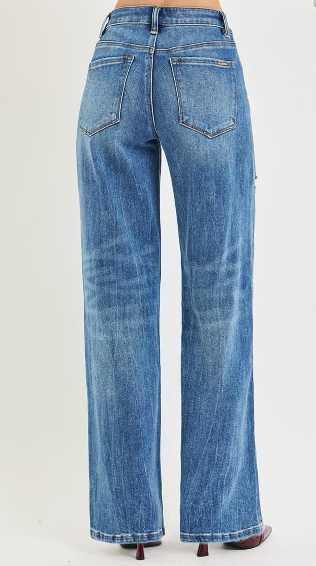 RISEN HIGH RISE WIDE JEANS WITH BODY DISTRESS