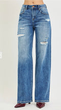 RISEN HIGH RISE WIDE JEANS WITH BODY DISTRESS