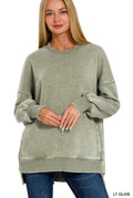 LT OLIVE ACID WASH FLEECE HILOW HEM PULLOVER