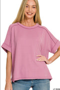 LT ROSE RAISED RIB CUFF SLEEVE RAW EDGE TOP