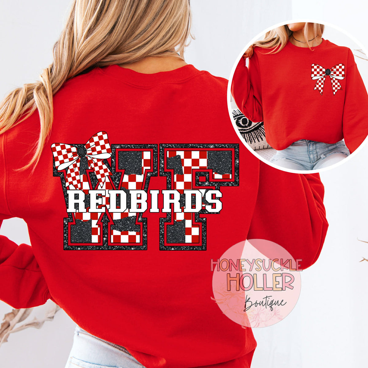 Red and Black Checkered Bow With Bow Front & Back Design Varsity Letter - WF Redbirds