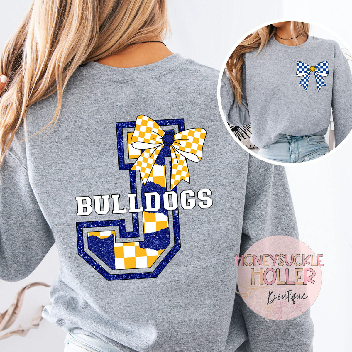 Blue and Yellow Checkered Bow With Bow Front & Back Design Varsity Letter - J - Bulldogs