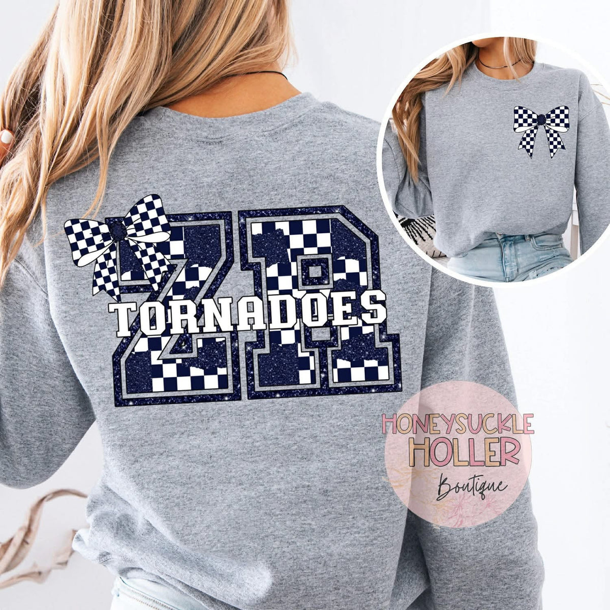 Navy and White Checkered Bow With Bow Front & Back Design Varsity Letter - ZR Tornadoes