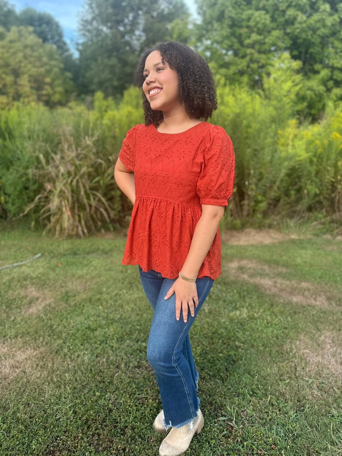 Eyelet Lace Puff Sleeve Peplum Top