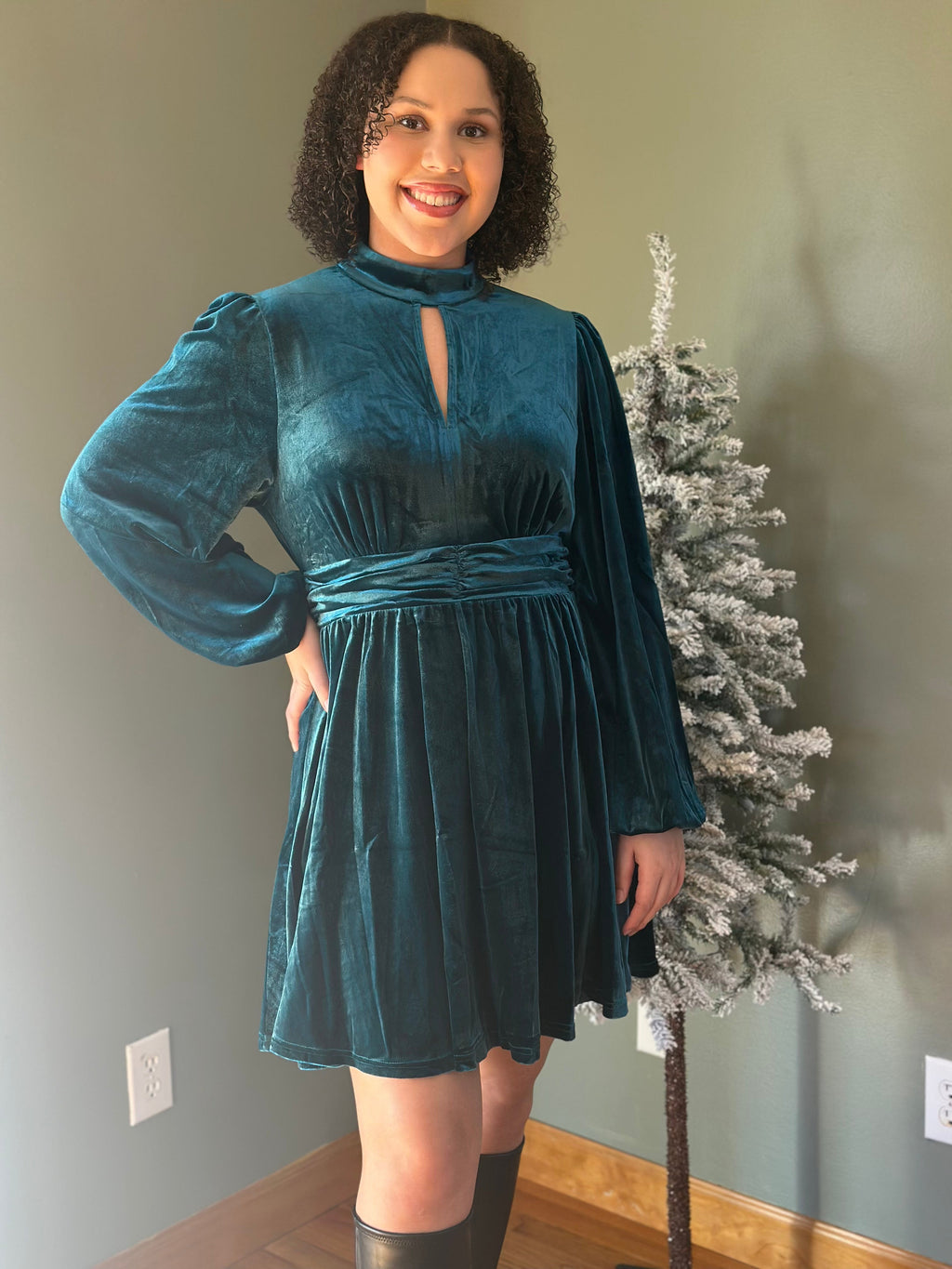 Mock Neck Shirring Waist Velvet Mini Dress-Teal