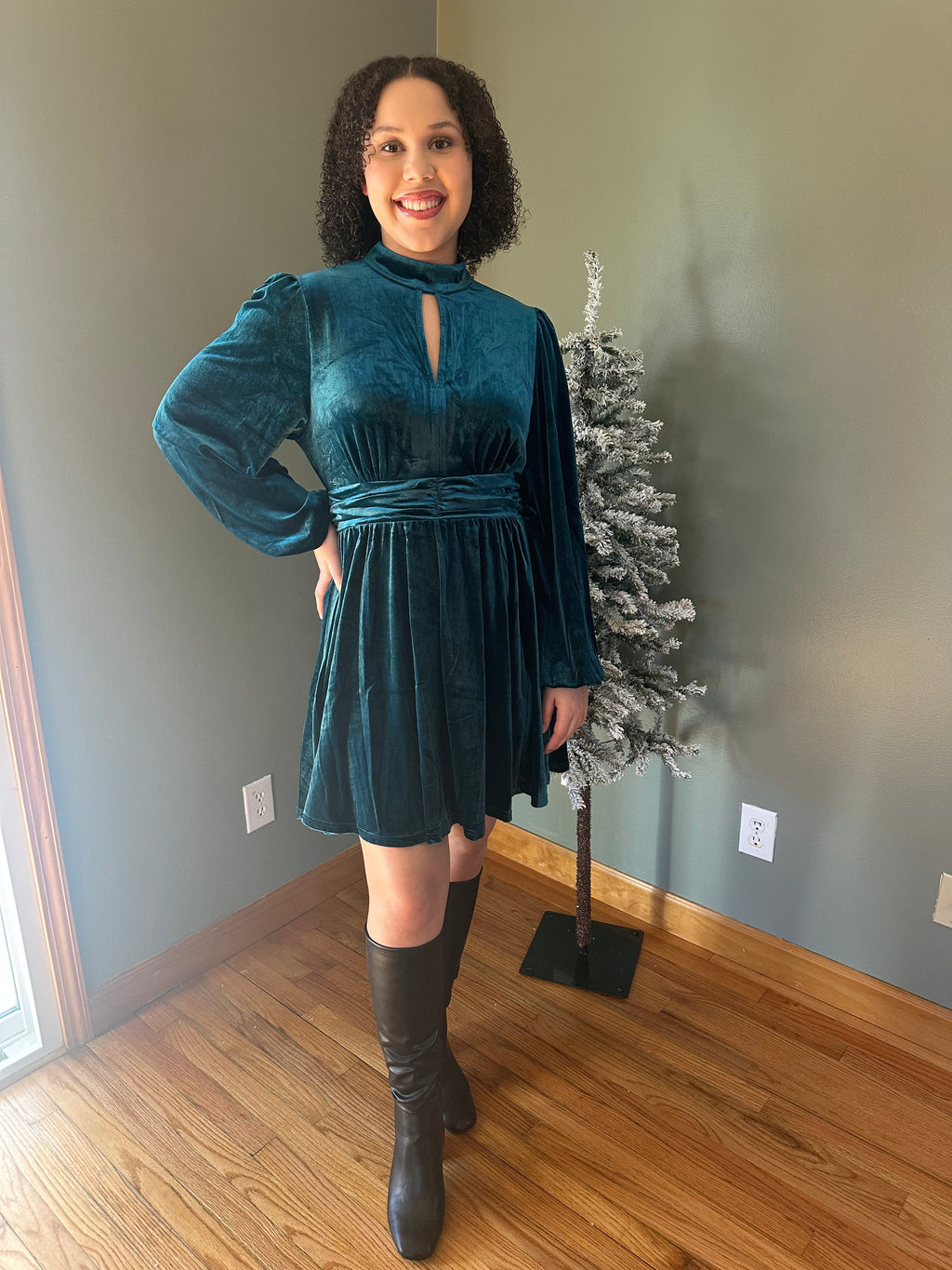 Mock Neck Shirring Waist Velvet Mini Dress-Teal