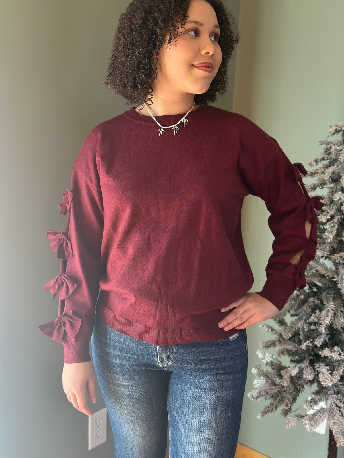 Bow Embellishment Crewneck Long Sleeve Knit Sweater - Burgundy