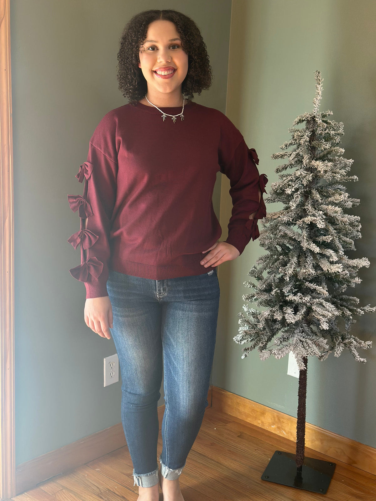 Bow Embellishment Crewneck Long Sleeve Knit Sweater - Burgundy