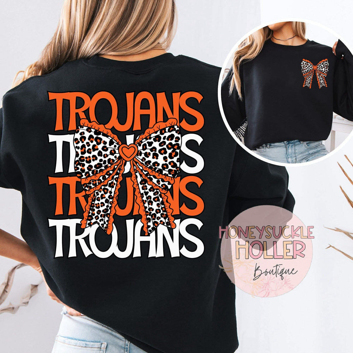 Orange and Black Leopard Stacked With Bow Front & Back Design Trojans