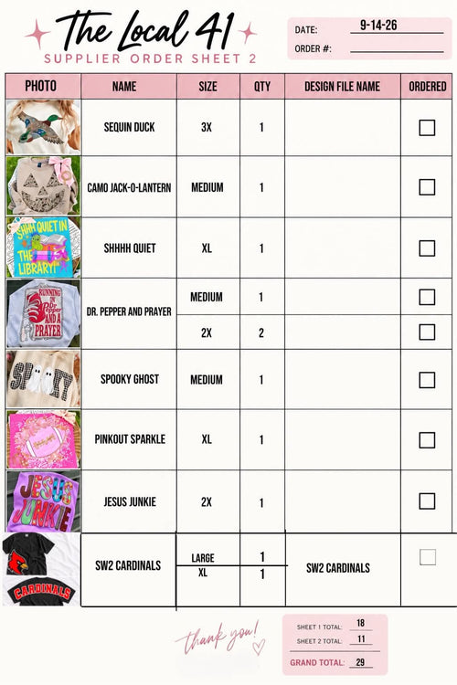 9-14-26 Kinsey bass order 29 items total