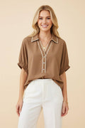 Embroidered Trim Puff Sleeve Split Neck Blouse: MOCHA