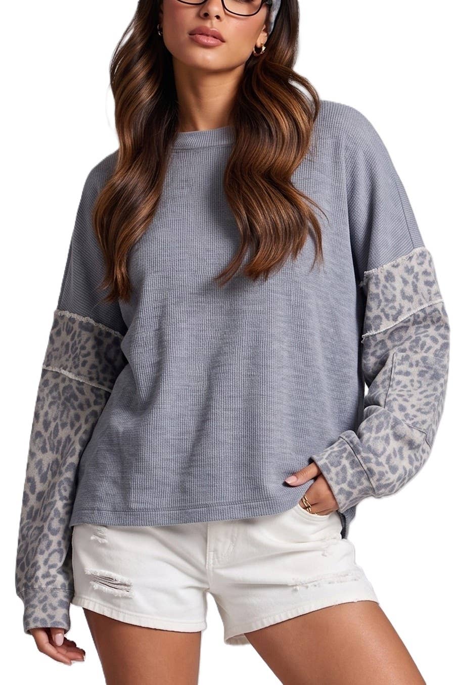 Contrast Print Sleeve Thermal Top: DENIM