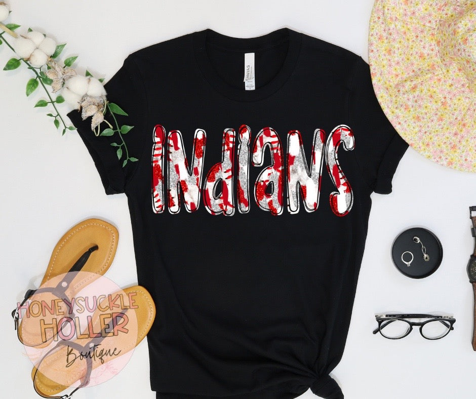 Faux Glitter Red and White Baseball Stitches Indians