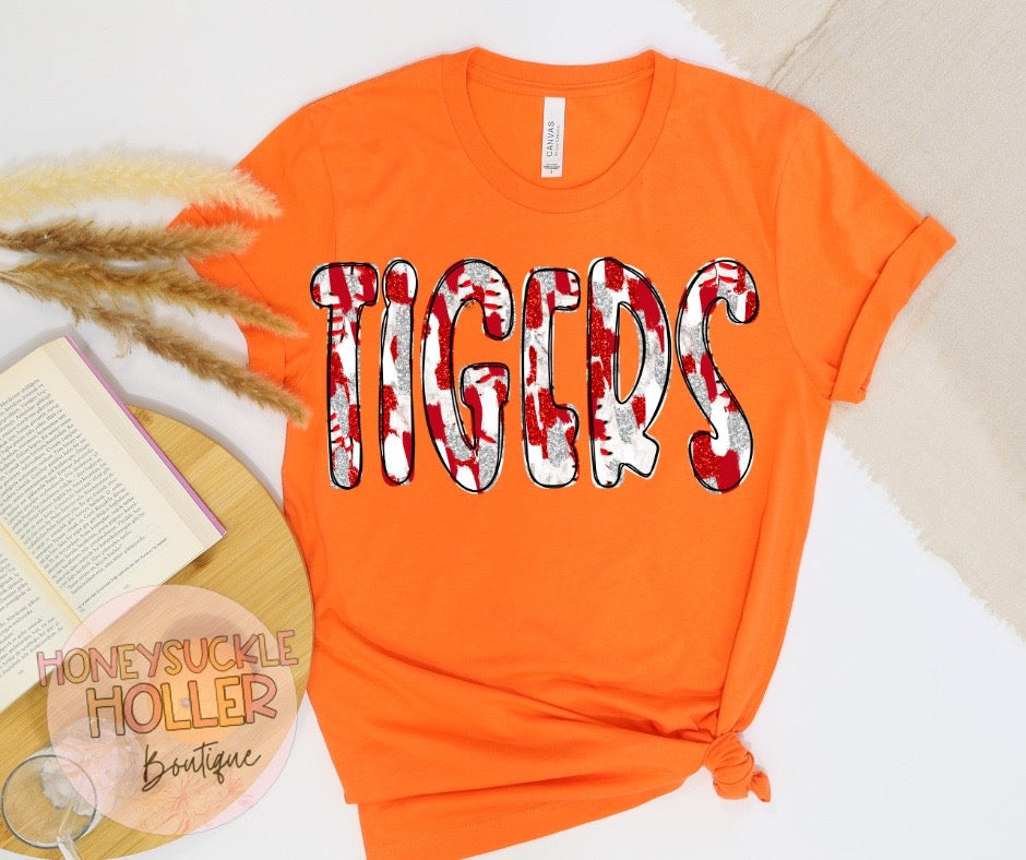 Faux Glitter Red and White Baseball Stitches Tigers