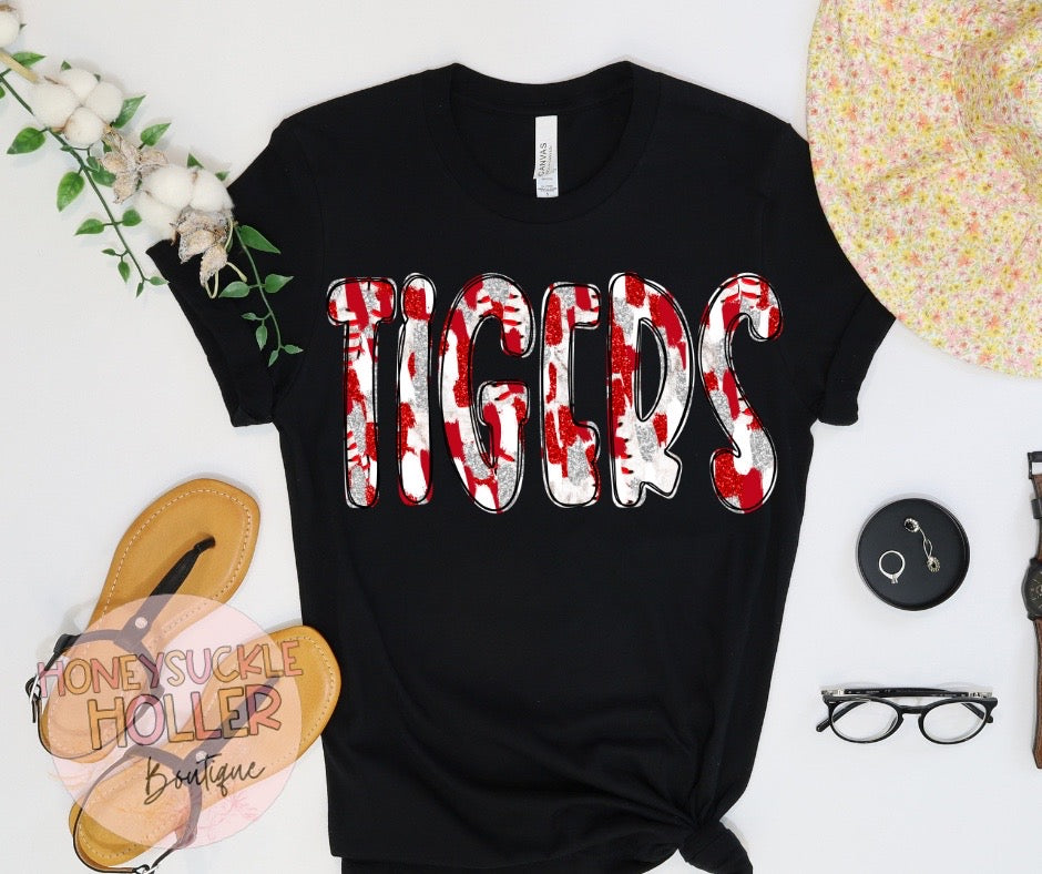 Faux Glitter Red and White Baseball Stitches Tigers