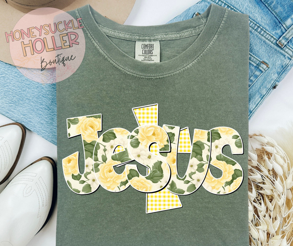Yellow Floral Checkered Cross Jesus