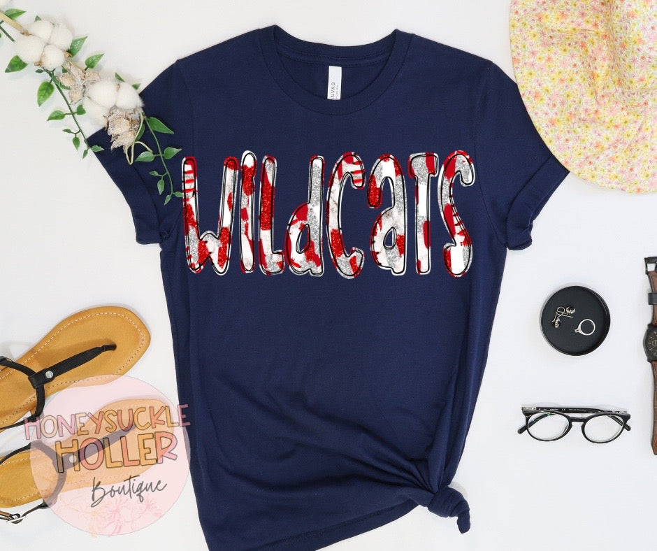 Faux Glitter Red and White Baseball Stitches Wildcats