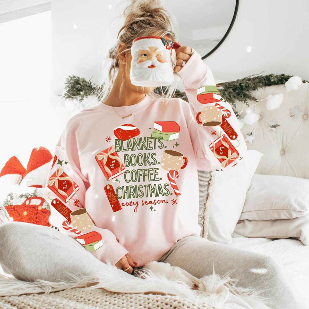 Blankets Books Coffee Christmas Cozy Season | Light Pink Gildan Crewneck | Wholesale