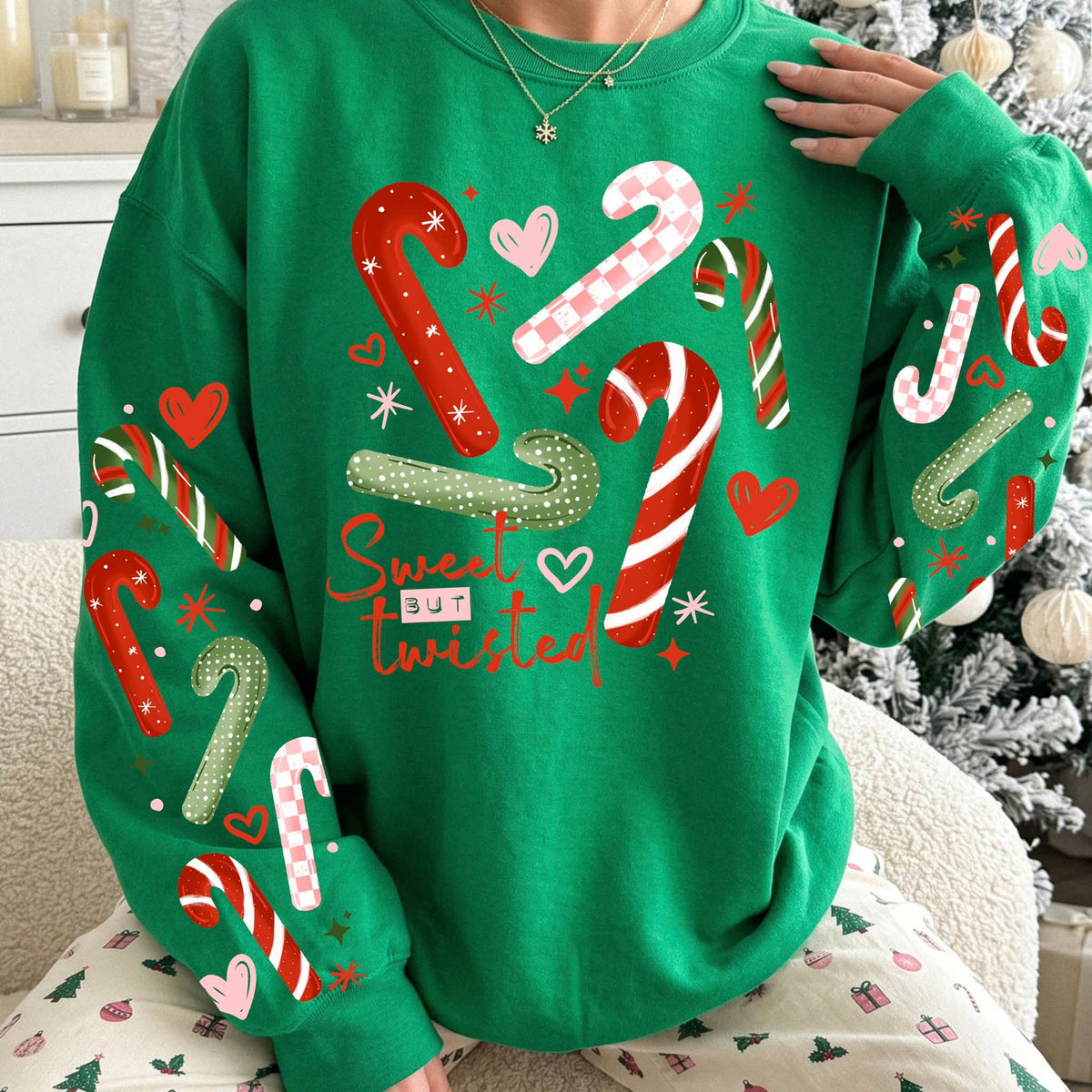 Sweet But Twisted Candy Canes | Green Gildan Crewneck | Wholesale