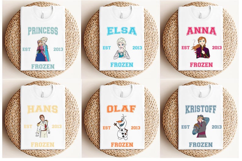 Frozen Varsity Shirts, Disney Frozen Characters Tees, Matching Family Trip Tees, Birthday Tees, Princess Elsa Anna Kristof Hans Olaf