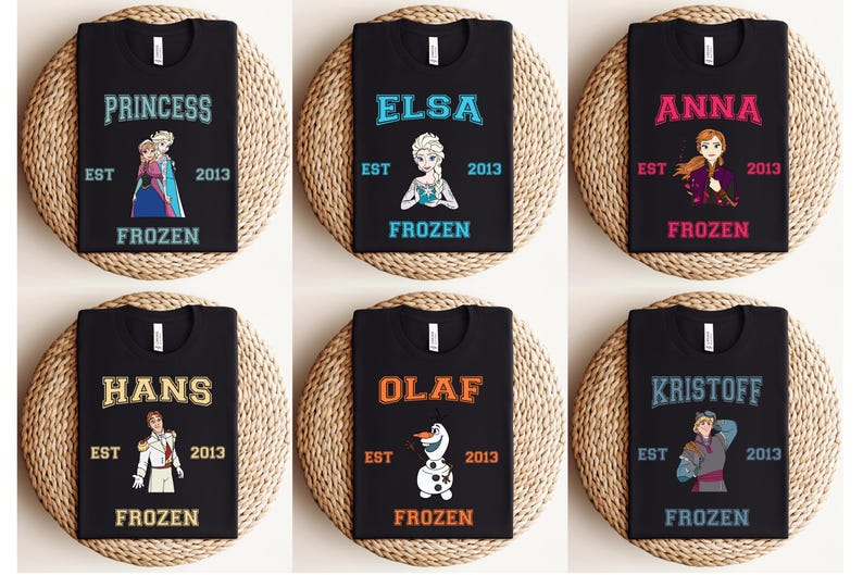 Frozen Varsity Shirts, Disney Frozen Characters Tees, Matching Family Trip Tees, Birthday Tees, Princess Elsa Anna Kristof Hans Olaf